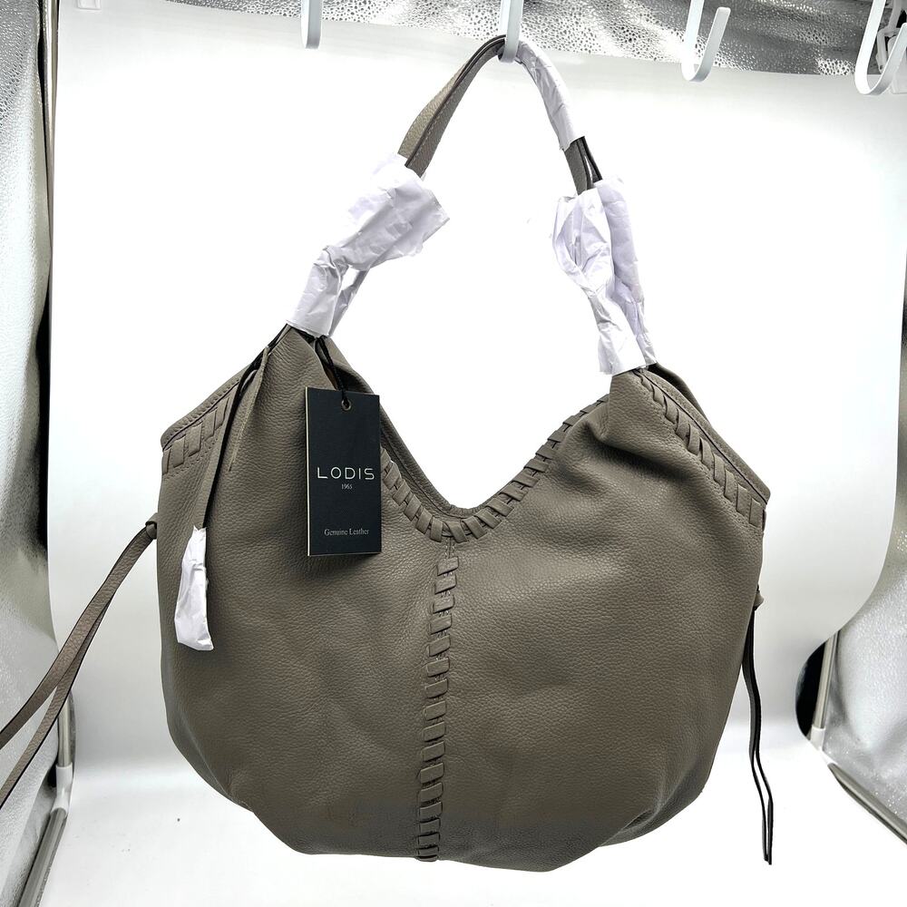 LODIS Medium Whipstitch Leather Tote Lacey Ash Gray Color Womens Handbags